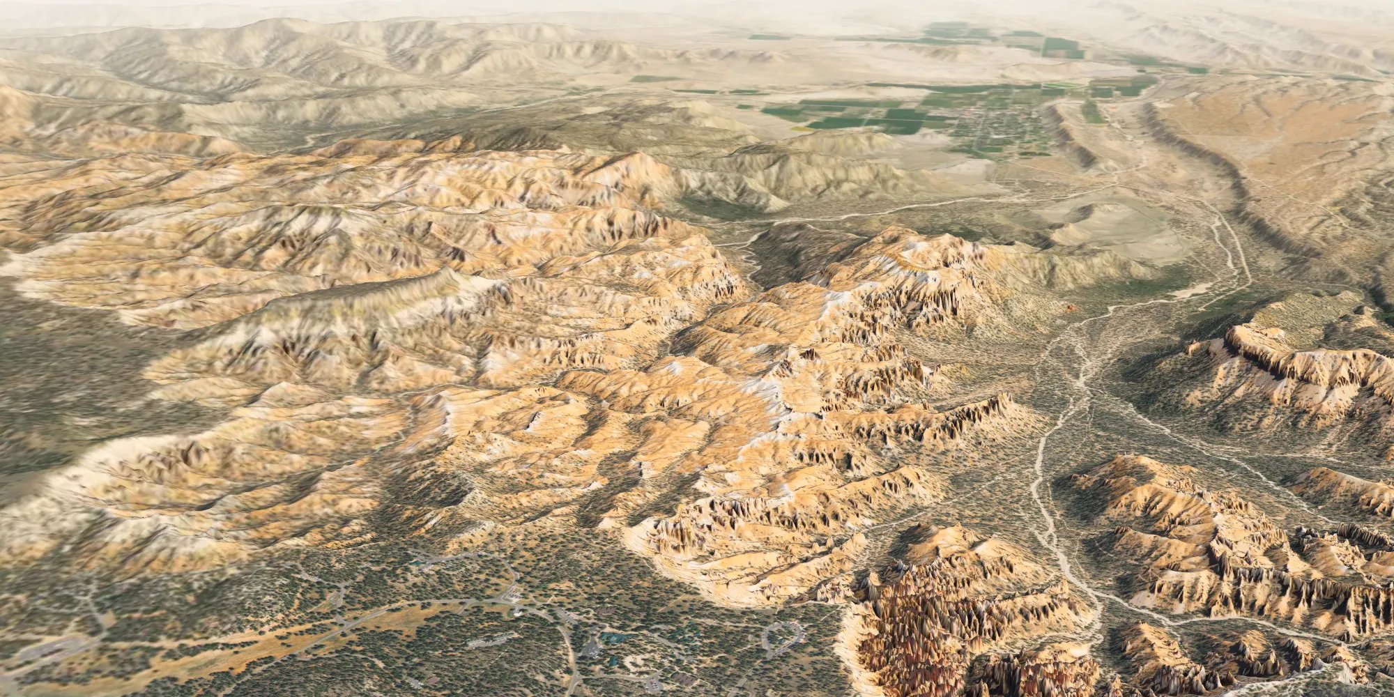 A 3D view east from the Bryce Amphitheater: ravines lined with hoodoos in front, the Bryce Creek wash running east across open land, and the green fields of Tropic in the distance.
