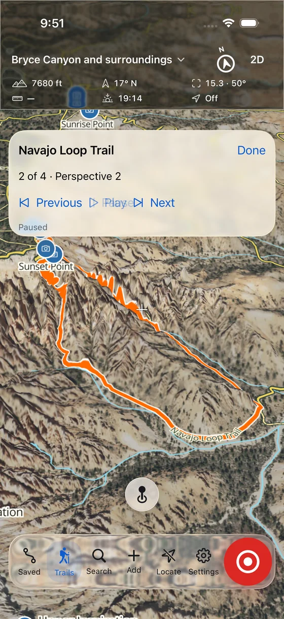 A paused 3D flight around the Navajo Loop Trail, shown from the second of four perspectives.