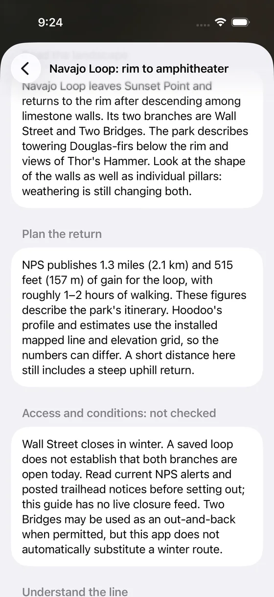 A field guide article titled “Navajo Loop: rim to amphitheater,” describing Wall Street, Two Bridges and the climb back.