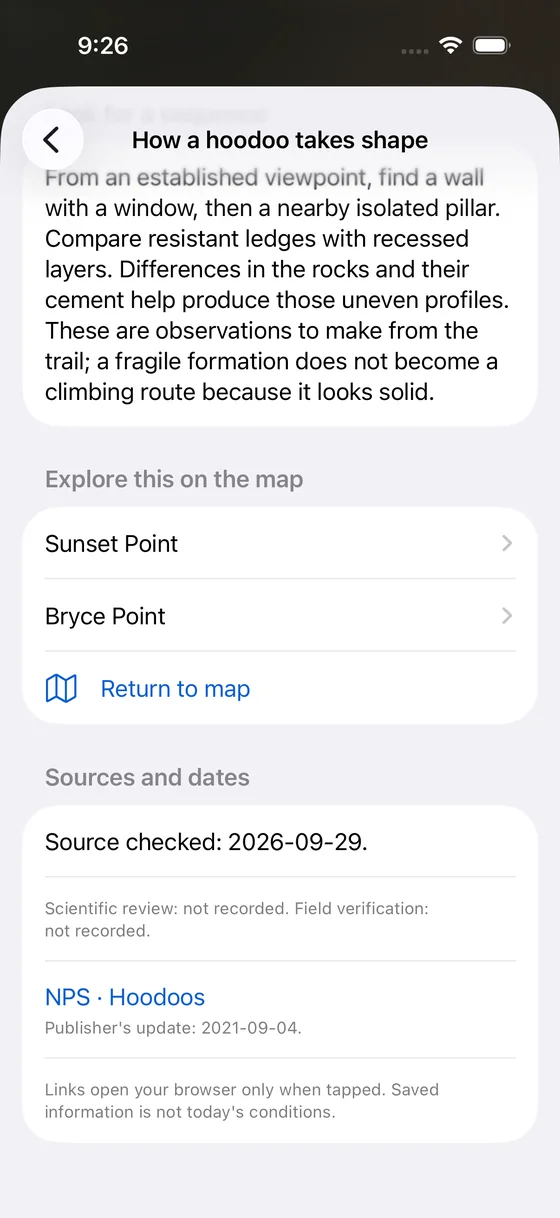 The field guide article “How a hoodoo takes shape,” with links to Sunset Point and Bryce Point on the map and its source, checked September 29, 2026.