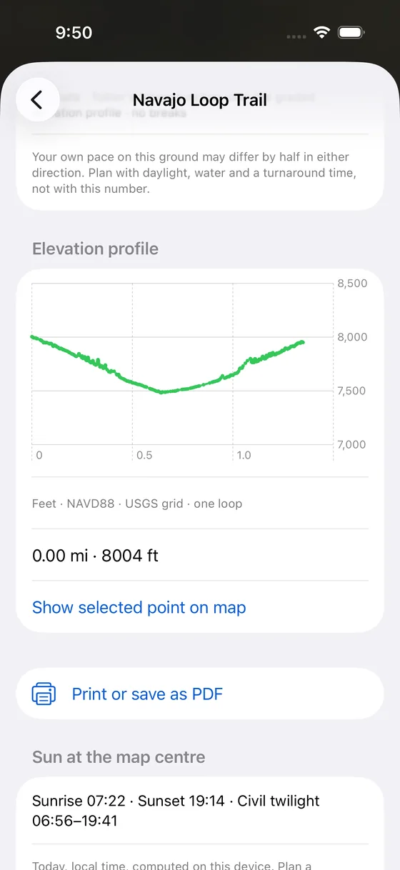 The Navajo Loop elevation profile, dipping and climbing back to about 8,000 feet, with sunrise and sunset times below.