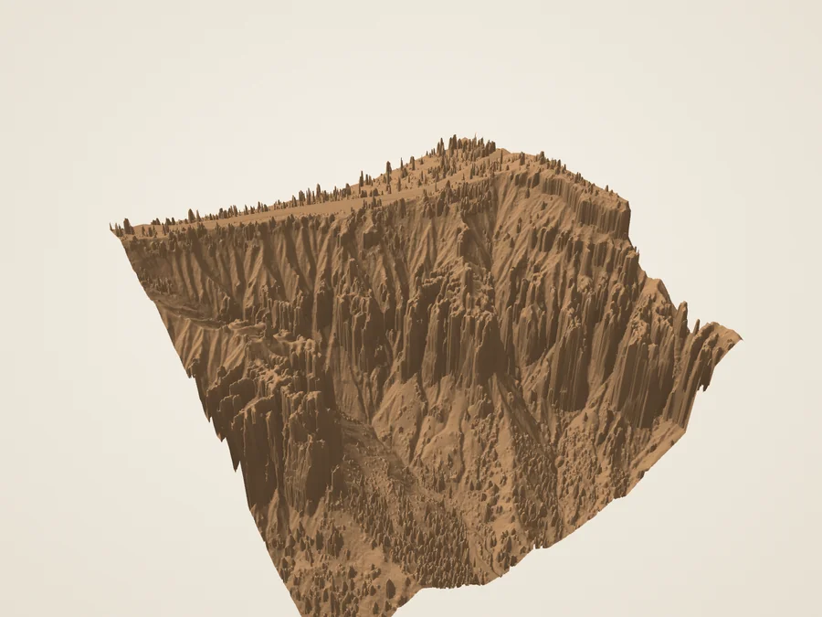 The Agua Canyon landscape sector, a derived terrain study with standing rock and wooded slopes.