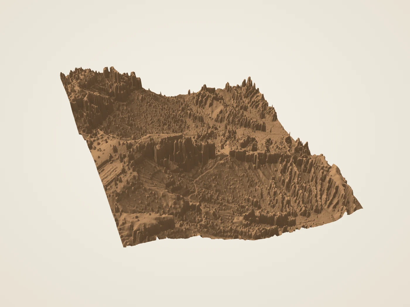 The Bryce Point terrain from the 2018 USGS lidar, seen at an angle from above.
