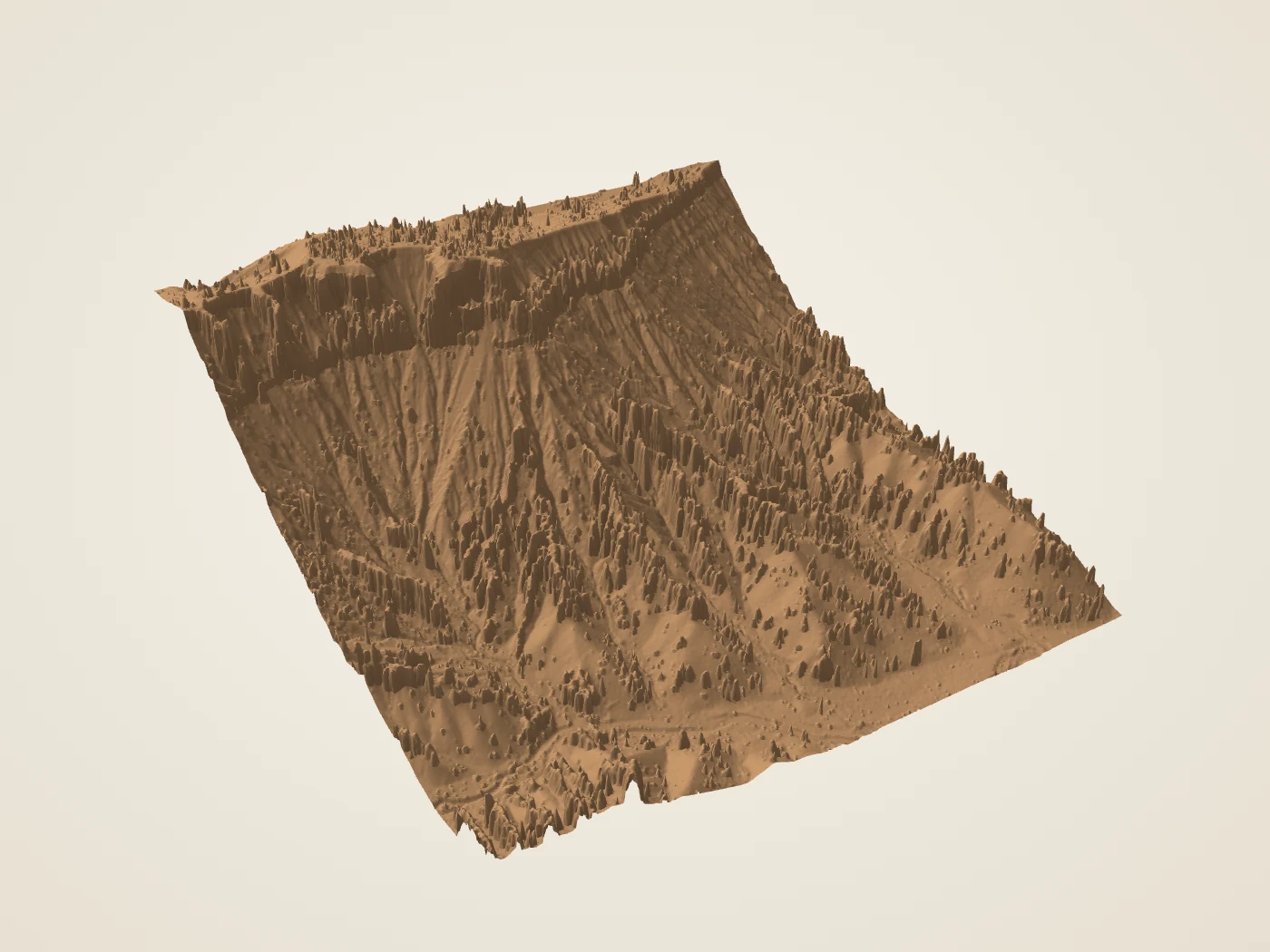 The Inspiration Point terrain from the 2018 USGS lidar, seen at an angle from above.