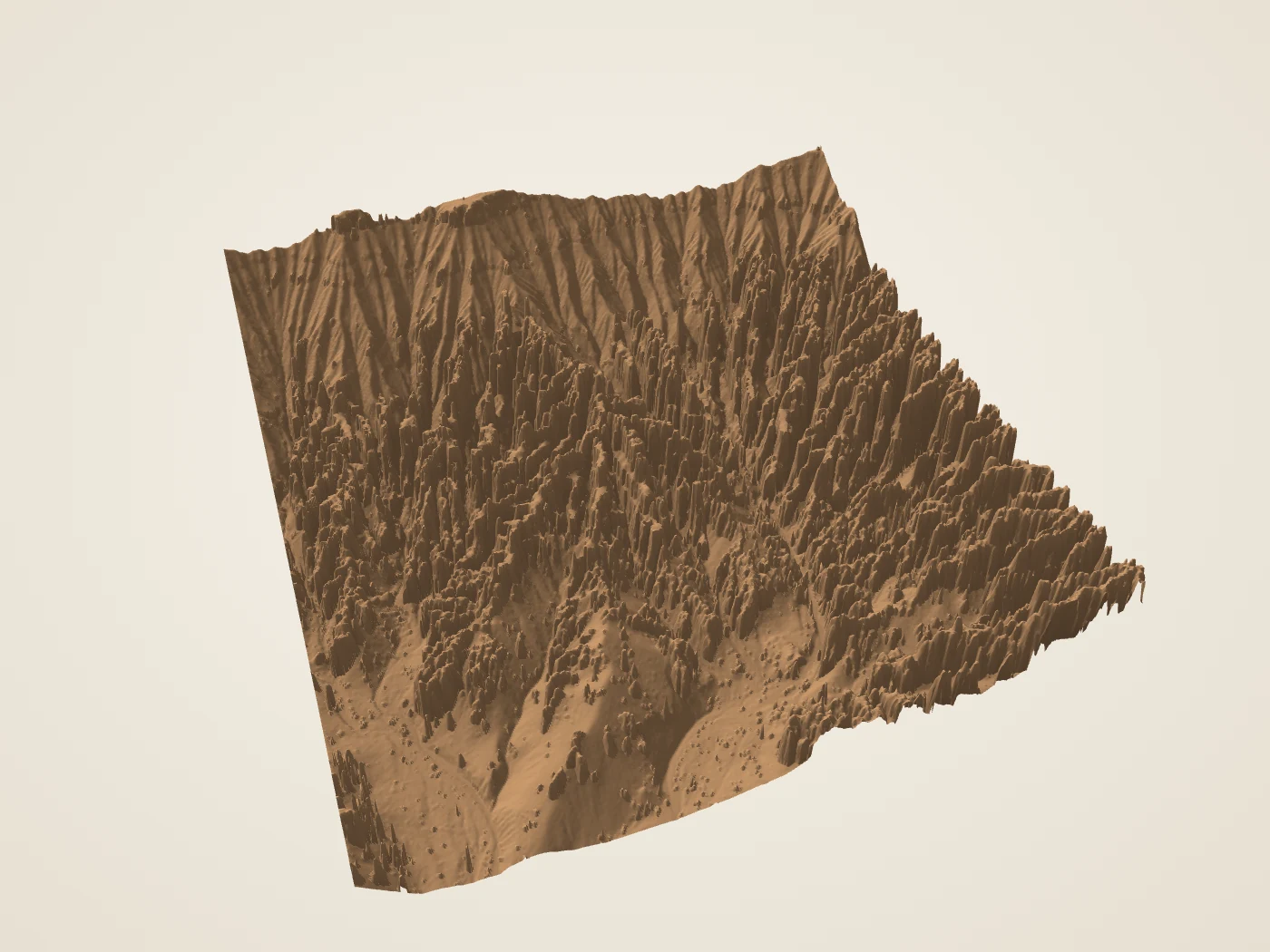 The Silent City terrain from the 2018 USGS lidar, seen at an angle from above.