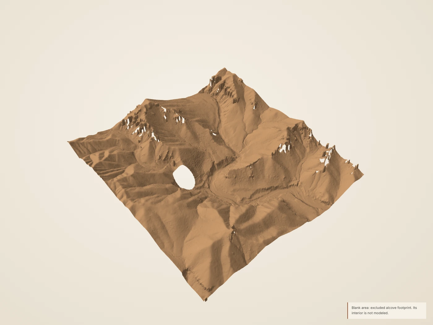 The Mossy Cave and Water Canyon terrain from the 2018 USGS lidar, seen at an angle from above.