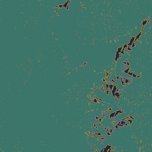 North-up coverage map. Teal and ochre are rendered nodes; dark gray is a source gap; purple marks conservatively omitted cliff or fragment nodes.