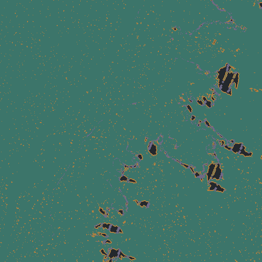 North-up coverage map. Teal and ochre are rendered nodes; dark gray is a source gap; purple marks conservatively omitted cliff or fragment nodes.