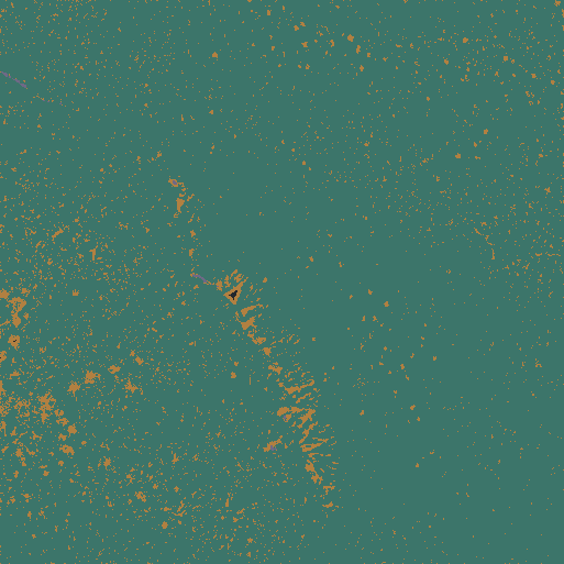 North-up coverage map. Teal and ochre are rendered nodes; dark gray is a source gap; purple marks conservatively omitted cliff or fragment nodes.