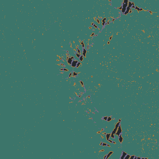 North-up coverage map. Teal and ochre are rendered nodes; dark gray is a source gap; purple marks conservatively omitted cliff or fragment nodes.