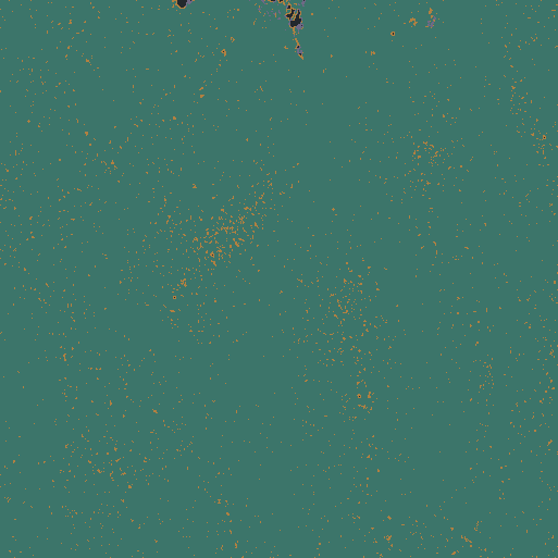 North-up coverage map. Teal and ochre are rendered nodes; dark gray is a source gap; purple marks conservatively omitted cliff or fragment nodes.