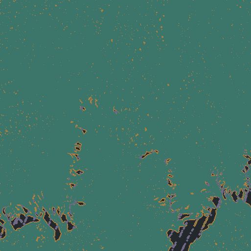 North-up coverage map. Teal and ochre are rendered nodes; dark gray is a source gap; purple marks conservatively omitted cliff or fragment nodes.