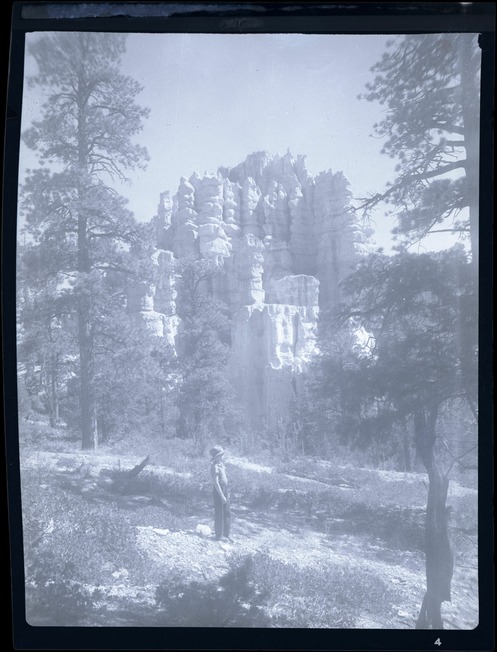 A small figure stands among pines in front of a hoodoo formation in a pale vertical photograph.