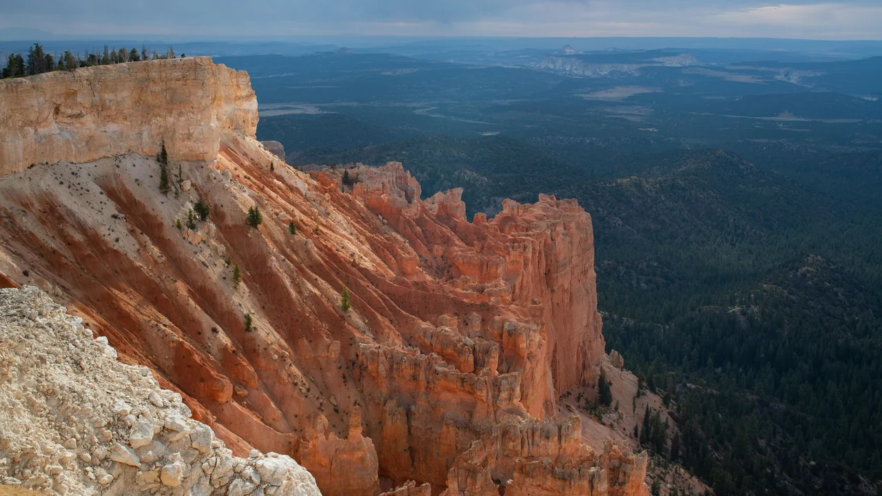 A pale rim and orange cliff at Yovimpa Point overlook dark forest and long, blue-green bands of distant country.