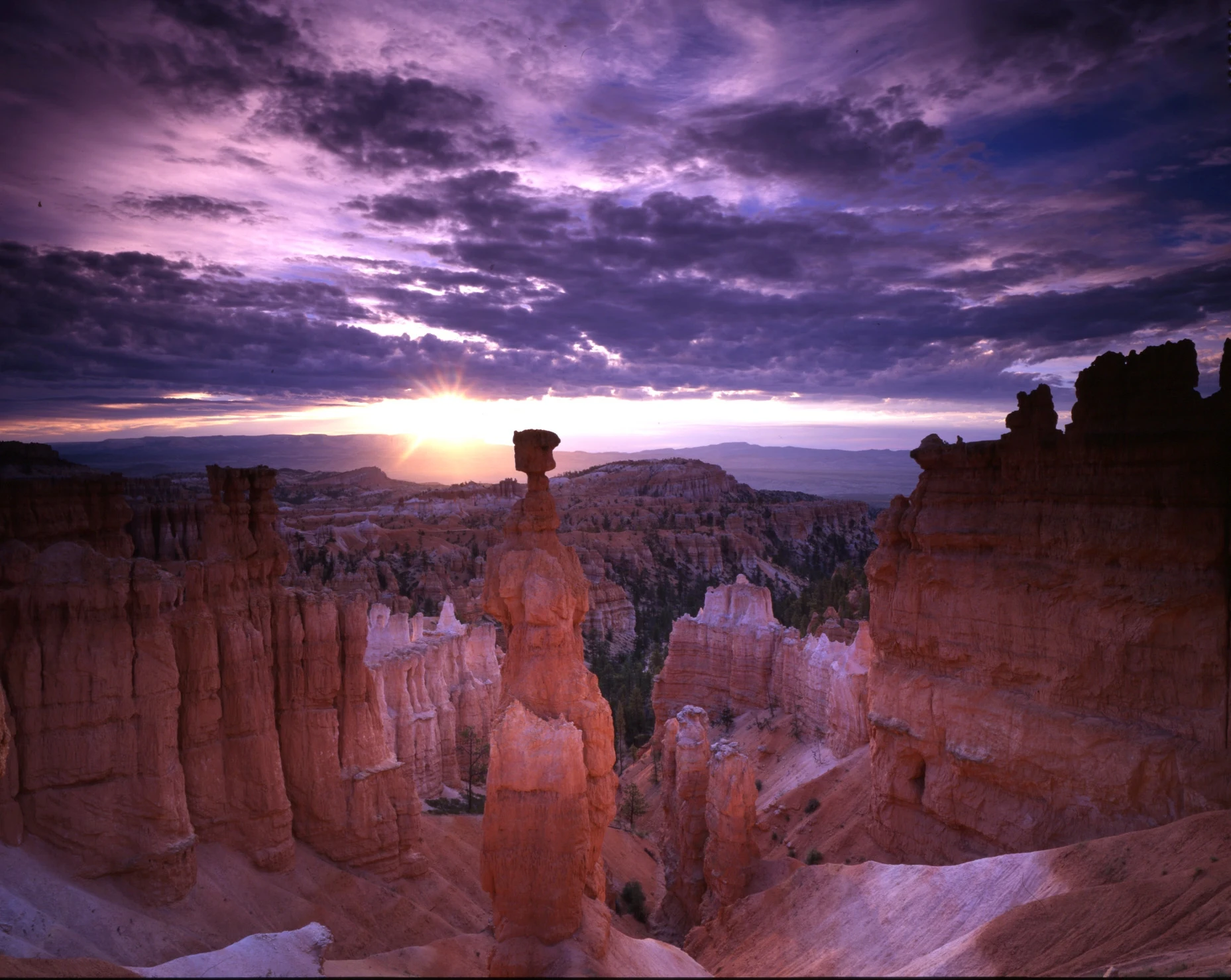 A narrow rock pillar with a broad cap stands among hoodoos beneath a purple, cloudy sunrise; nearby rock faces overlap in the foreground.