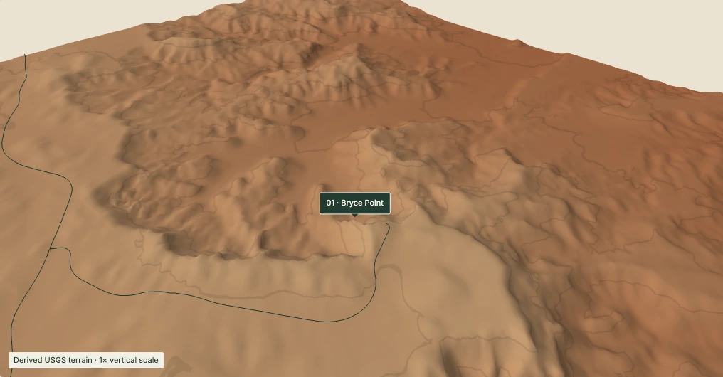 Derived terrain setting of Bryce Point, with mapped roads; elevation and shading colors are illustrative.