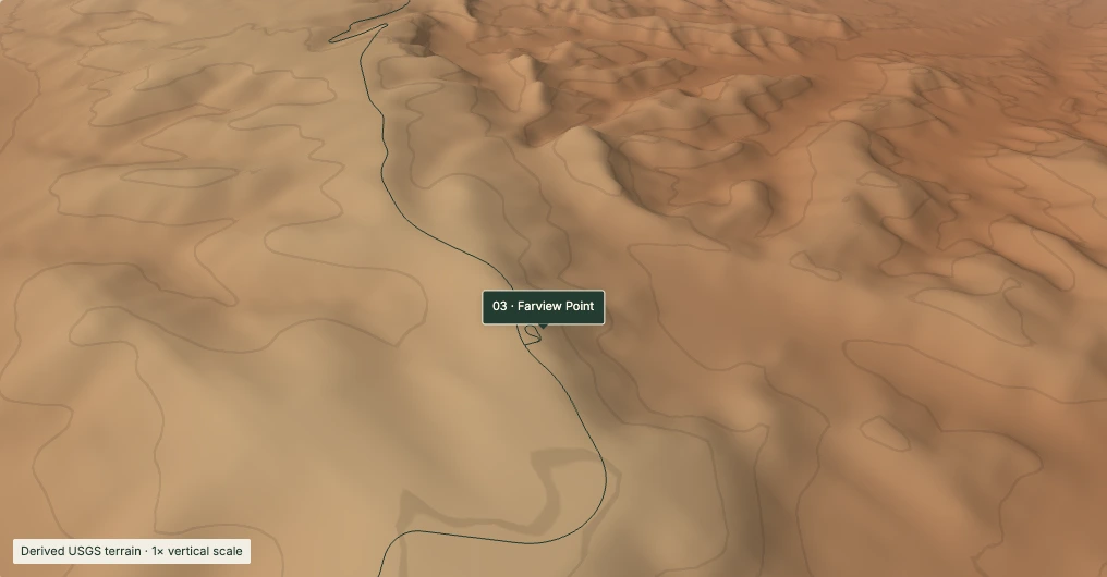 Derived terrain setting of Farview Point, with mapped roads; elevation and shading colors are illustrative.