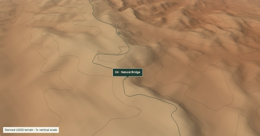 Derived terrain setting of Natural Bridge, with mapped roads; elevation and shading colors are illustrative.