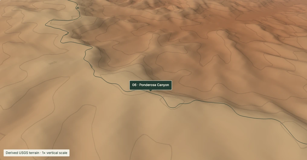 Derived terrain setting of Ponderosa Canyon, with mapped roads; elevation and shading colors are illustrative.