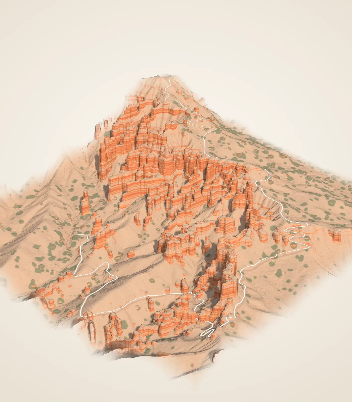 A 3D model of Queen’s Garden: pale and orange fins and hoodoos below a forested rim, with the trail drawn as a pale line winding down from Sunrise Point.